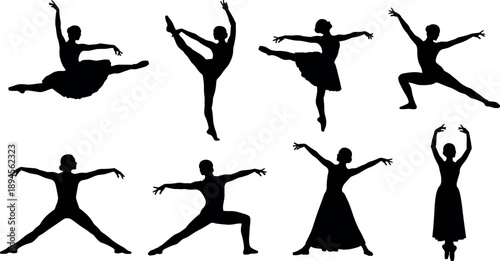 Set of elegant black ballerina silhouettes performing various classical ballet dance poses isolated on white background vector illustration