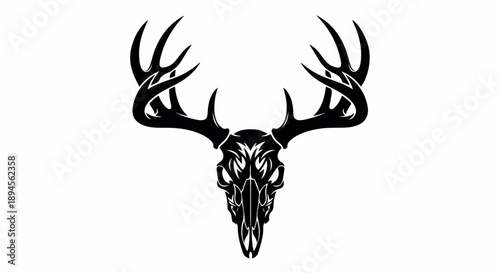 Black silhouette of a deer skull with antlers on a white background in a graphic illustration.
