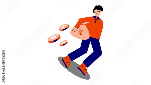 Character running away while carrying a heavy bag with a percentage sign as coins fall out behind him
