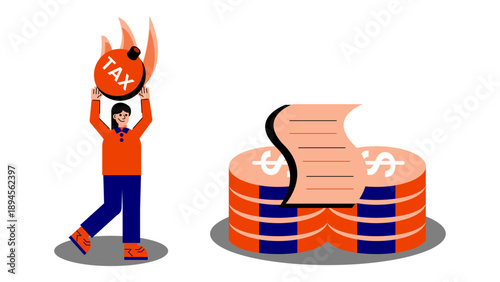 Woman struggling to carry a heavy bomb labeled tax over her head near stacks of coins and a bill