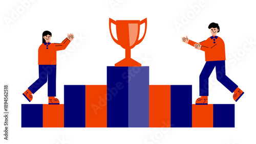 Two business professionals celebrating success on a podium with a large golden trophy representing team victory and reaching milestones