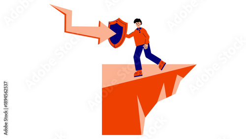 Businessman protecting himself with a shield against a falling arrow while standing on the edge of a cliff symbolizing risk management