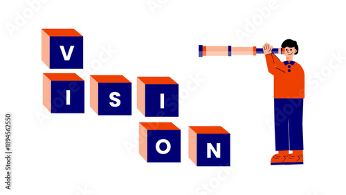 Businessman looking through a telescope next to blocks that spell out the word vision to symbolize long term planning and foresight
