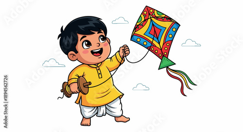 A cheerful young boy in traditional Indian clothing flying a colorful kite outdoors with clouds in the background.