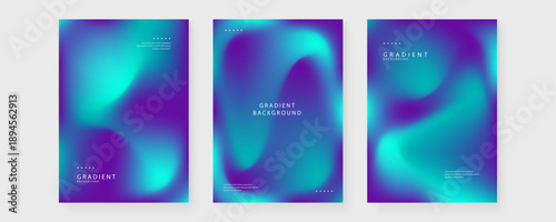Collection of three abstract fluid gradient posters with vibrant cyan and deep purple hues featuring grainy texture and modern minimalist layout for digital marketing and branding