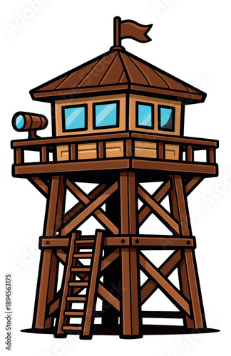 Cartoon style illustration of a watchtower depicting observation for security
