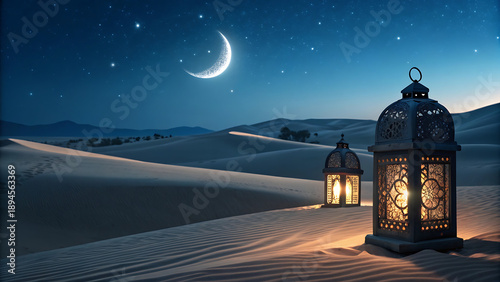 Ramadan desert night with crescent moon and lanterns