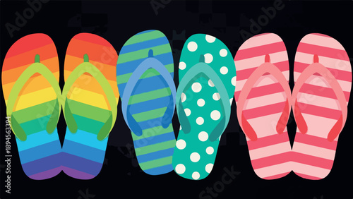 Colorful flip flops with rainbow, striped, and polka dot patterns on a black background.