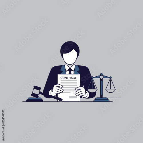 Lawyer Signing Contract with Scales of Justice.