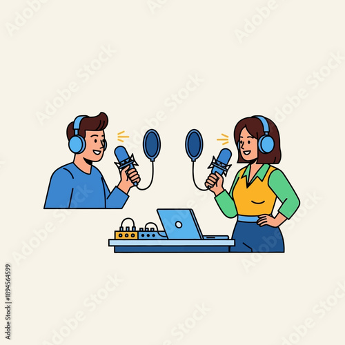 Male and Female Podcasters Recording Show.