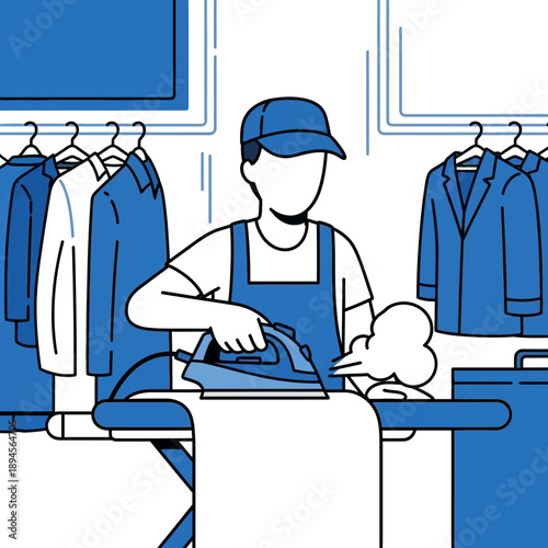 Man Ironing Clothes on Ironing Board.