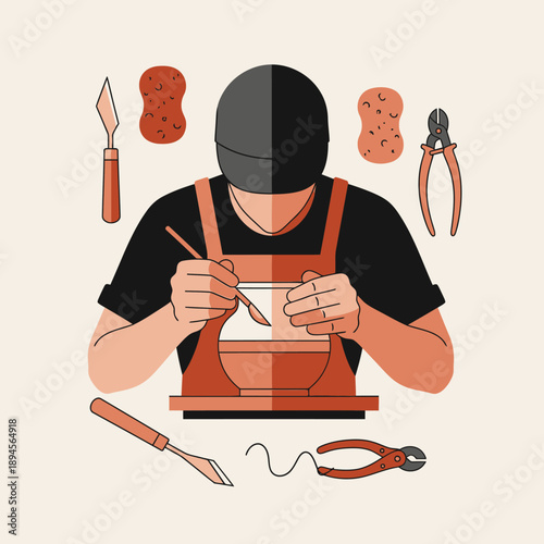Potter Creating Ceramic Pot with Tools.