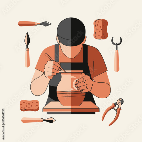Potter Crafting Clay Pot with Tools.