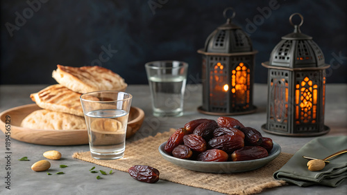 Iftar spread with dates, bread, water, and ramadan lanterns