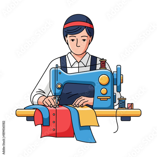 Woman Sewing on Industrial Sewing Machine.