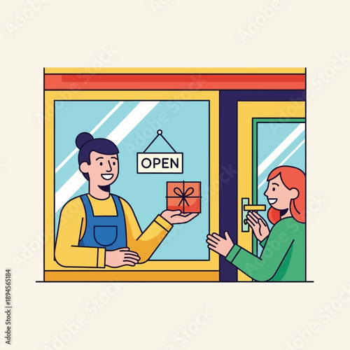 Woman Receiving Gift from Shopkeeper.