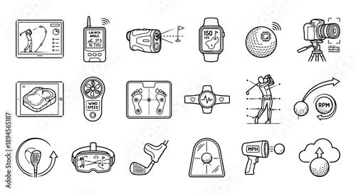 Golf instruction and etiquette line icon set with player, swing, and rules