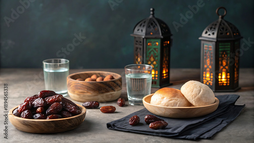 Ramadan iftar spread with dates, bread, water, and lanterns