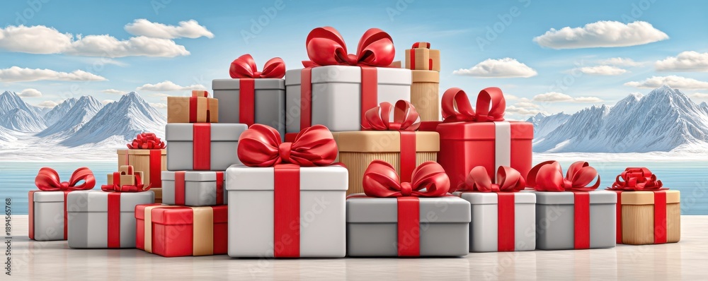 Fototapeta premium Pile of gift boxes with red ribbons in a snowy mountain lake setting