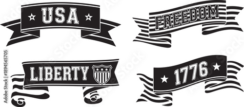 Black and white patriotic ribbon banners with usa freedom liberty 1776 text ribbons