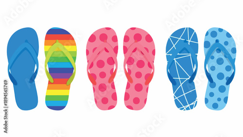 Six colorful flip flops with various patterns on a white background.
