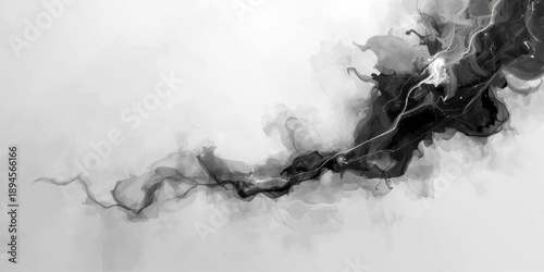 An abstract landscape of black and white smoke swirling like a storm over rocks amidst a texture of mist and ice