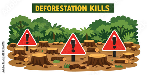 Flat cartoon illustration of a deforested area depicting tree stumps, logs, and warning signs for environmental issues