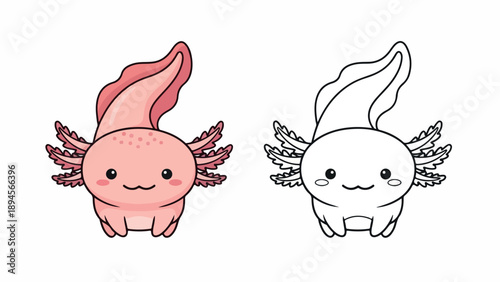 Colorful illustration of two smiling axolotls, one pink and one black and white, against a plain white background.