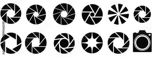 Camera Lens Diaphragm Aperture Icon Set, Vector Symbols Representing Photography Optics, Focus Control, Exposure Adjustment, and Professional Camera Equipment Design Elements.