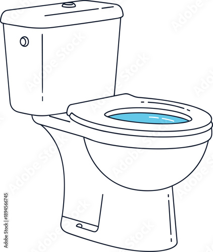 Line Art Illustration of a Toilet Bowl with Blue Water in the Cistern Keywords: toilet, bathroom, restroom, plumbing, sanitary