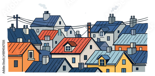 Hand drawn illustration of a dense residential neighborhood depicting colorful houses for urban development