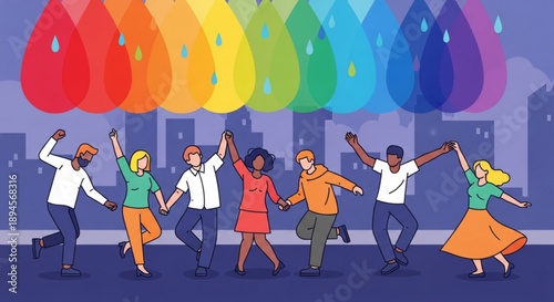 Diverse People Dancing Joyfully under Rainbow Colored Raindrops in Cityscape
