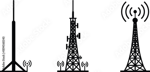 Three black silhouette communication towers with signal waves Keywords: communication, tower, antenna, signal, broadcast