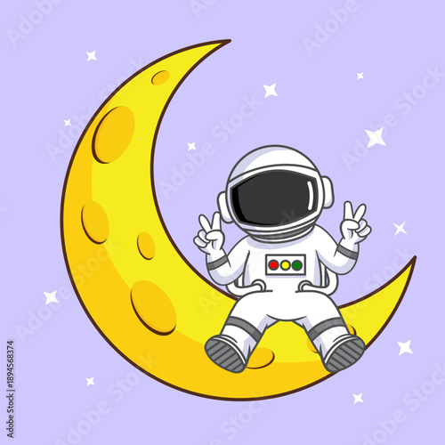 Cute Astronaut Sitting on the Moon with Peace Signs Vector Illustration Cartoon Design