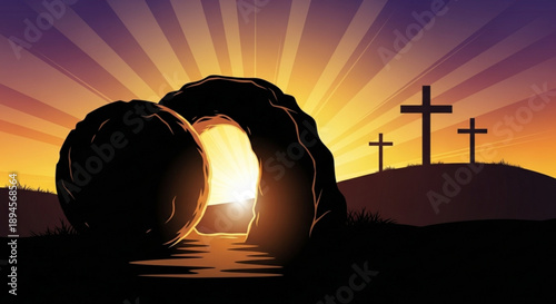 Resurrection scene with empty tomb and three crosses on hill at sunrise with rays of light