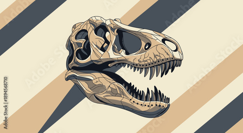 Bold graphic design showcasing a detailed Tyrannosaurus skull, an emblem of prehistoric dominance and natural history with a contemporary artistic touch