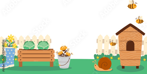 Garden Scene with Bees and Snail