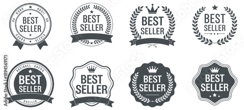 Best Seller Badges with Different Designs and Shapes, Promotional Labels and Emblems for Marketing, E Commerce Products, Online Stores, and Sales Highlight Graphics.