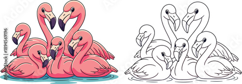 Cute Cartoon Flamingo Flock Forming a Heart Adorable Bird Illustration for Love and Nature