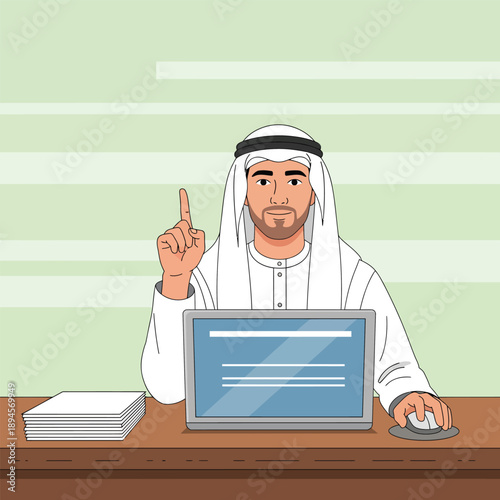 Young Arab businessman in traditional ghutra and thobe raising his finger with an idea at his desk.