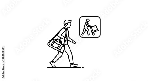 Man carrying luggage walking towards an icon indicating direction, simple illustration, monochrome, vector graphic