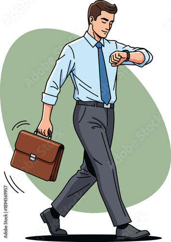Walking businessman in a blue shirt and tie checking his wristwatch while carrying a brown briefcase.