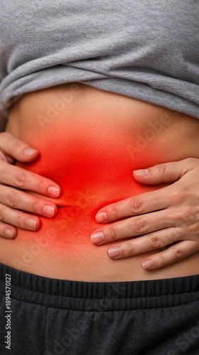Wallpaper Mural Abdominal pain stress physical symptoms woman belly discomfort chronic stomach ache cramp pressure digestive issue female hand on belly health care concept highlighting redness and concern Torontodigital.ca