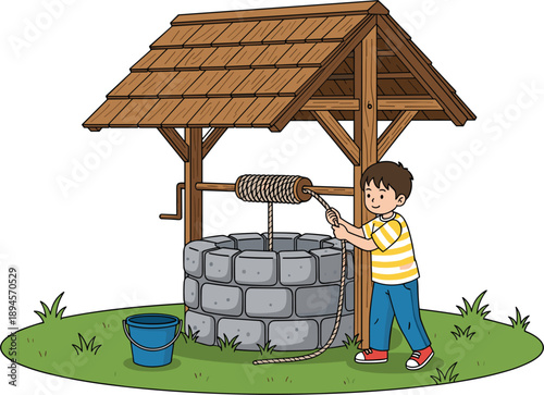 Foto Boy pulling rope from a stone wishing well with wooden roof and bucket water chi