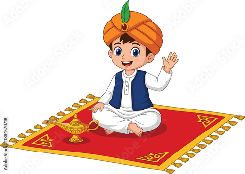 Cartoon Boy in Turban and Vest Sitting on Magic Carpet with Genie Lamp vector illustration