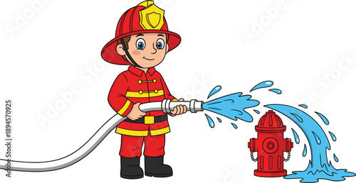 Cartoon firefighter boy spraying water from a hose onto a red fire hydrant child character