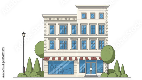 Classic multi-story urban building featuring ground floor retail space with red awning and large display windows for street-side shopping.