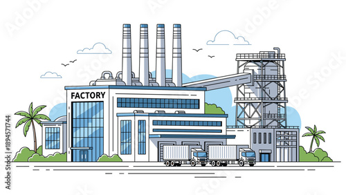 Extensive industrial factory complex labeled factory featuring tall smokestacks and freight trucks ready for distribution and logistics operations.