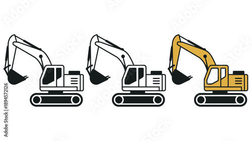 Excavator machines in black and white and yellow white construction equipment