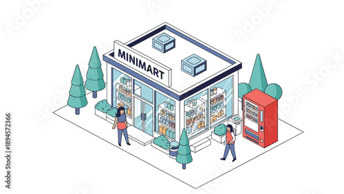 Isometric view of a modern minimart convenience store with customers walking in and a vending machine located outside the glass entrance.